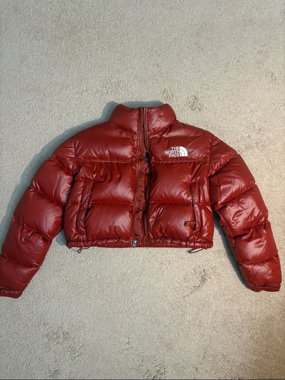 The North Face Women's Red Cropped Puffer Jacket with High Collar